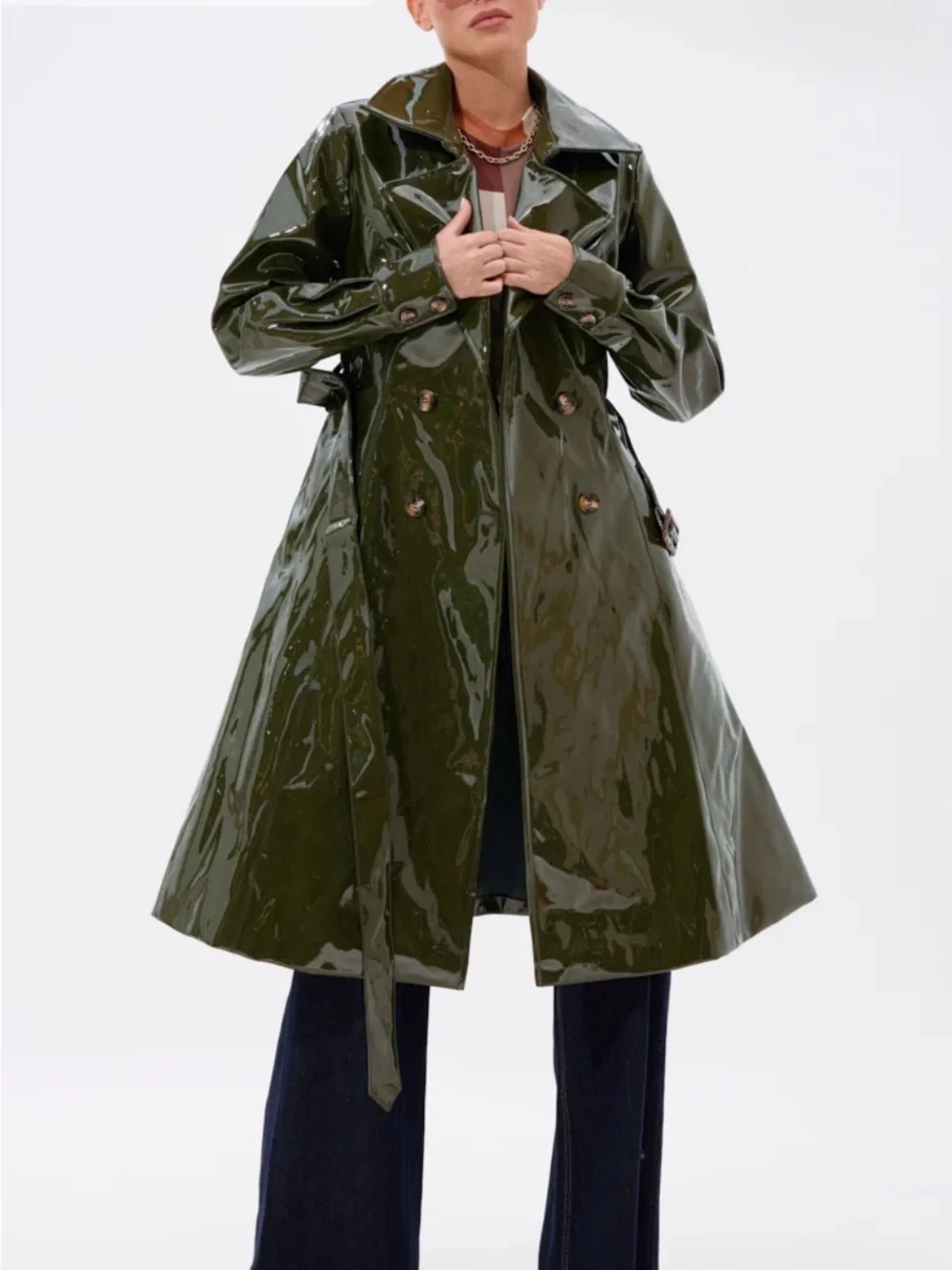 AKIRA MITICA PATENT TRENCH IN OLIVE Size LL - Picture 4 of 6